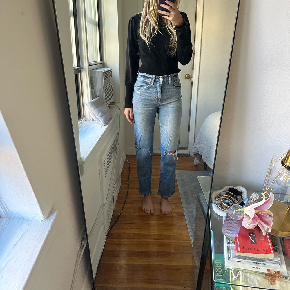 Distressed straight leg jeans